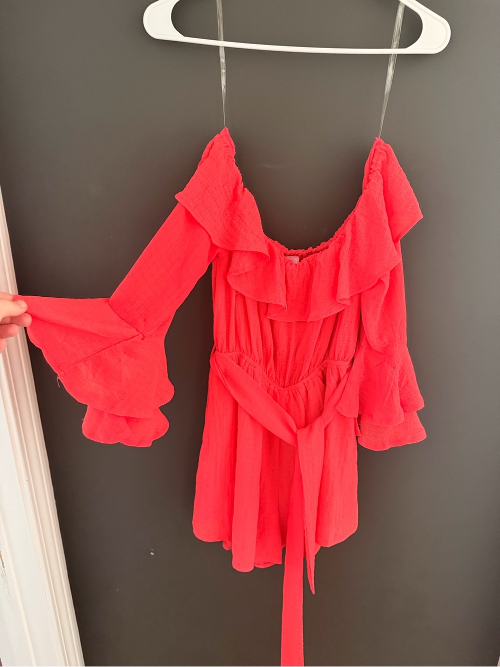 Pink Lily Coral-Red Off-Shoulder Ruffle Romper